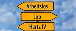 Das Bild zeigt drei Schilder: "Arbeitslos", "Job", "Hartz IV".