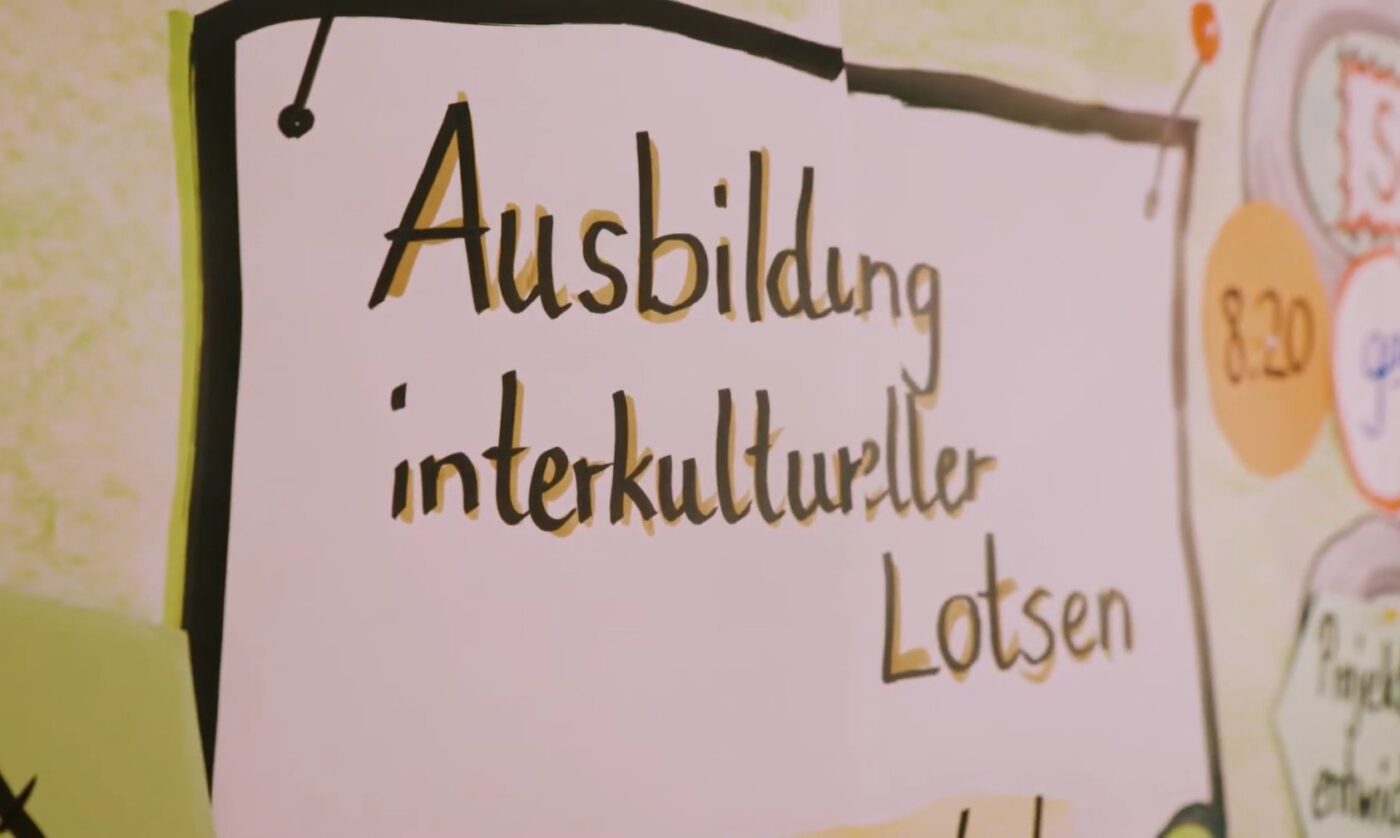 Flipchart mit Aufschrift "Ausbildung interkultureller Lotsen"